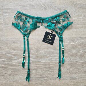 Honey Birdette Whitney Emerald Garter Belt Sz XS Floral Embroidery New With Tags